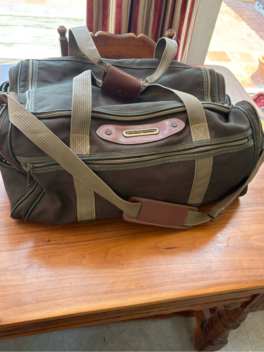 American tourist, vintage Olive Green Canvas Duffel Bag with Brown leather trim